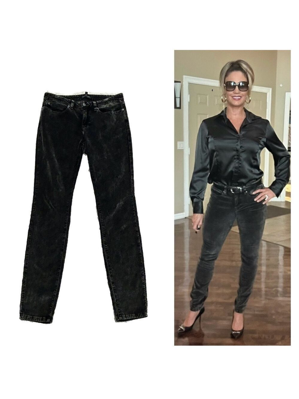 Eileen Fisher black dark brown stone wash acid wash velvet stretchy skinny pants